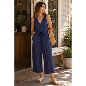 Bridge & Burn Dillon Jumpsuit Women S Navy Pinstripe Linen Sleeveless‎ Crop